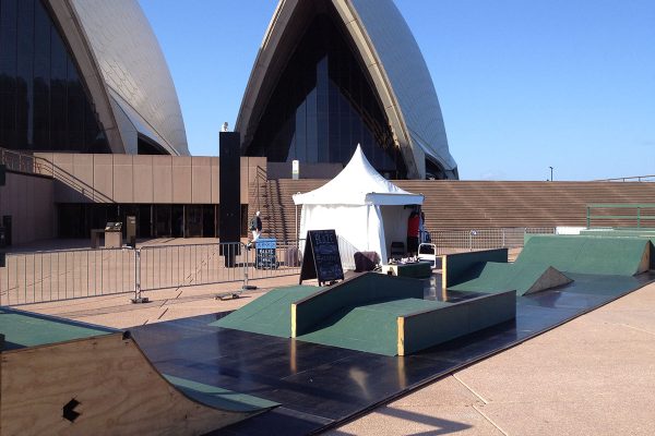 Skateology street course skateboard ramps at event at Sydney Opera House